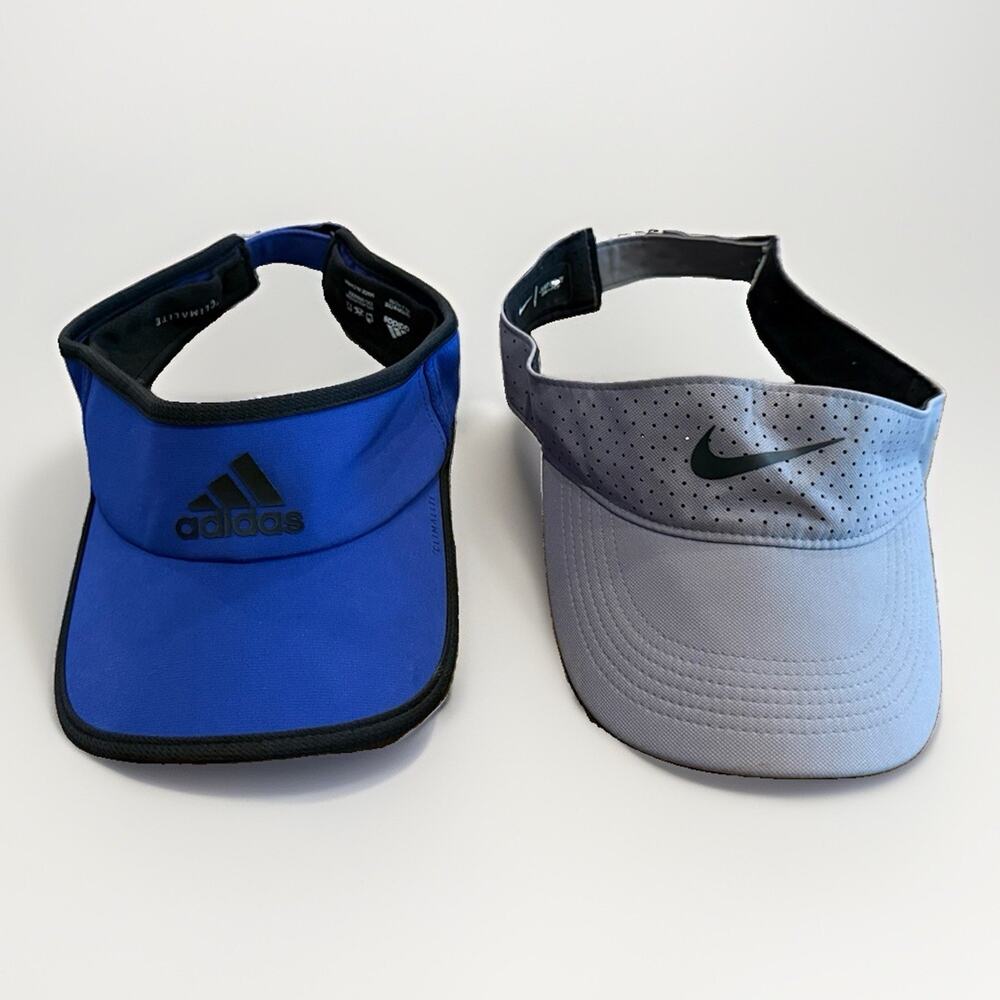 Lot of 2 Nike Adidas Unisex Blue Gray Adjustable Strapback Visor Hats Caps